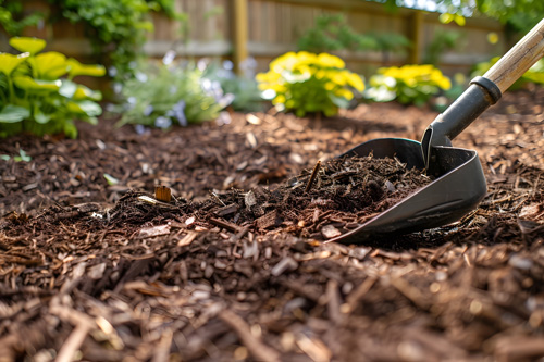 Nahaufnahme von Rindenmulch ausgestreut im Garten.