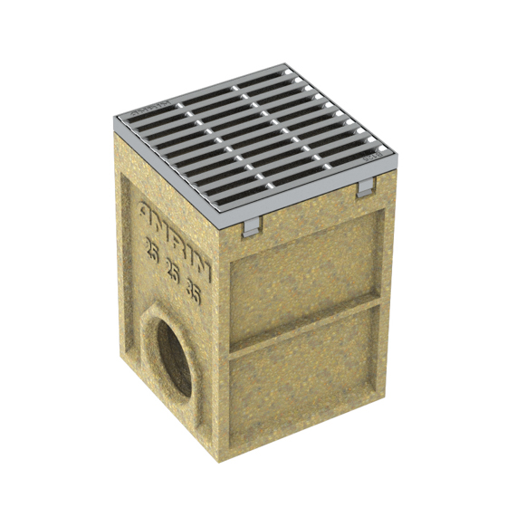 Hofeinlauf a. Polymerbeton mit Guss-Stegrost Komplett mit Guss-Stegrost, Eimer und Geruchsverschluss -PKW befahrbar-