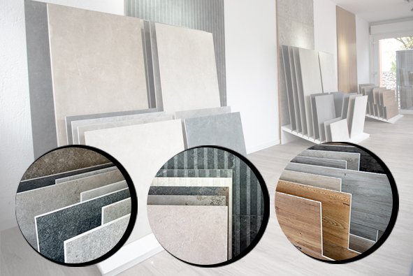 Innenaufnahme der Ausstellungsfläche von 1 cm Bodenfliesen vertrieben von Löseke.